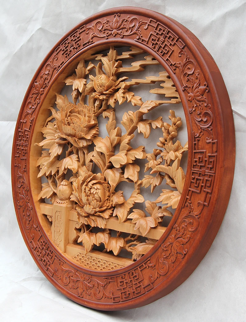 Dongyang Wood Carved Pendant Handcraft Wood Carving Crafts Chinese Living Room Entrance Solid Wood Art Peony