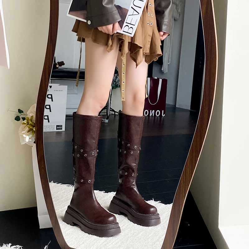 أحذية جديدة لعام 2025 بكعب عالي وحزام بإبزيم وكعب عالي أحذية نسائية بمقدمة مستديرة وسحاب منصة أحذية فارس ЖеСы БТНК