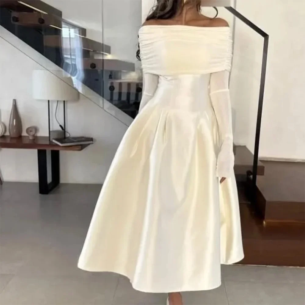 MD Elegant Off Shoulder A-line Evening Dresses Saudi Arabic Long Sleeve LaceTea-Length Prom Gown Customized Party Dress 2025