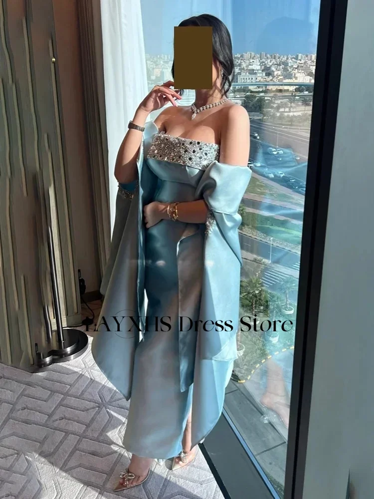 LAYXHS หรูหรา 2 ชิ้นชุดราตรีสีฟ้า Strapless ลูกปัดผ้าคลุมไหล่ชา-ความยาว Party Prom Gowns ที่กําหนดเอง