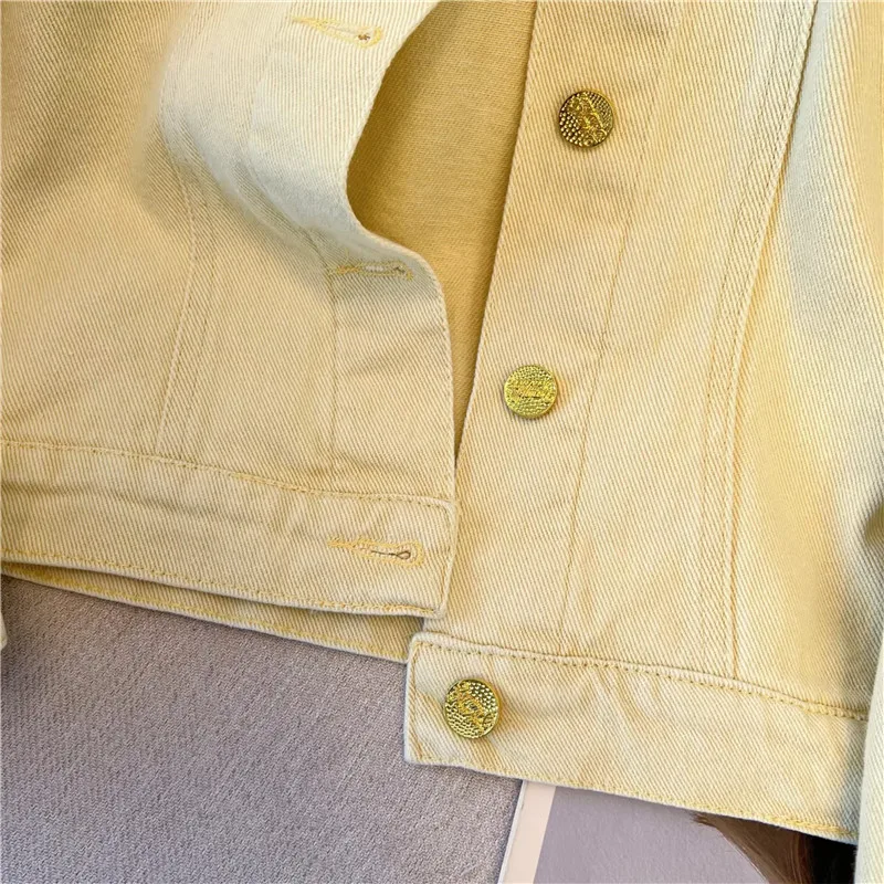 Korean Vintage Flower Embroidery Yellow Short Denim Jacket Women Lapel Single-Breasted Long Sleeve Jeans Jacket Coat Streetwear - view 5