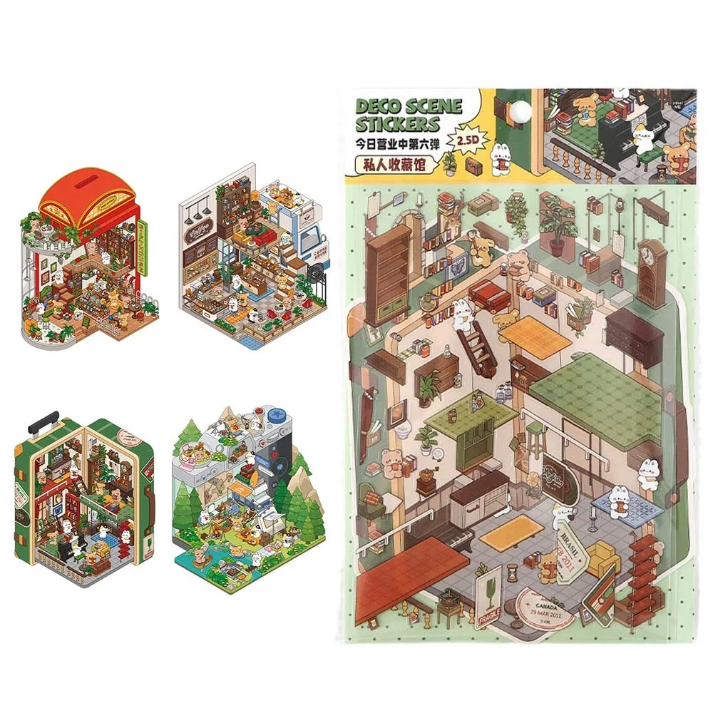 Cartoon 3D Landscape House Stickers Today's Business Is Open Stress Relief DIY Scene Decals Scrapbook Game