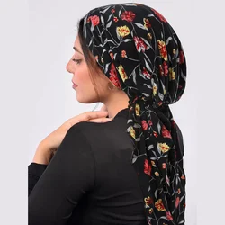 New Muslim Women Print Pre-Tied Turban Long Tail Hat Hijab Bonnet Headscarf Chemo Cap Head Wrap Bandanas Headband Turbante Mujer