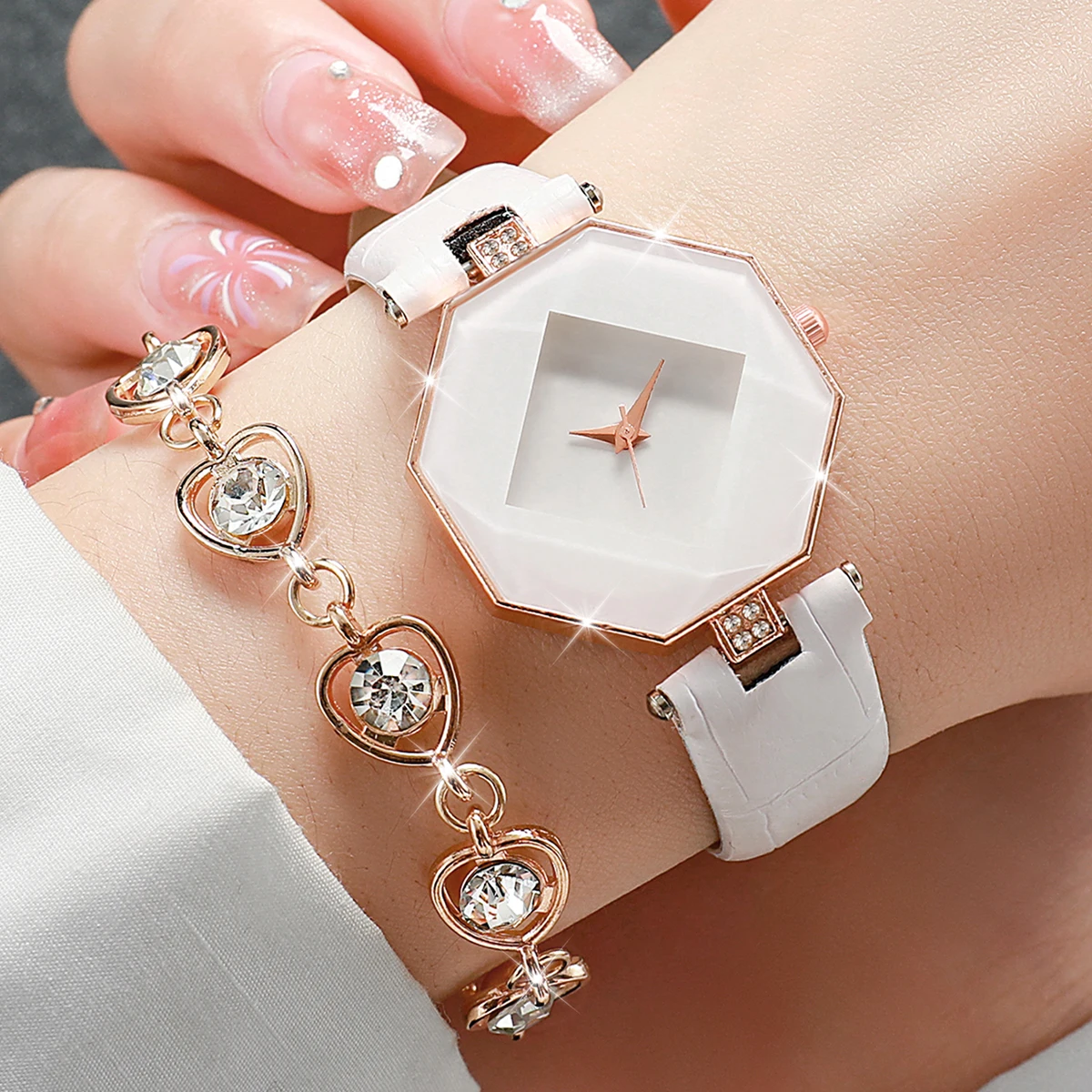 6pcs/set Luxury Women Rhombus Case Quartz Watch & Love Heart Diamond Jewelry Set