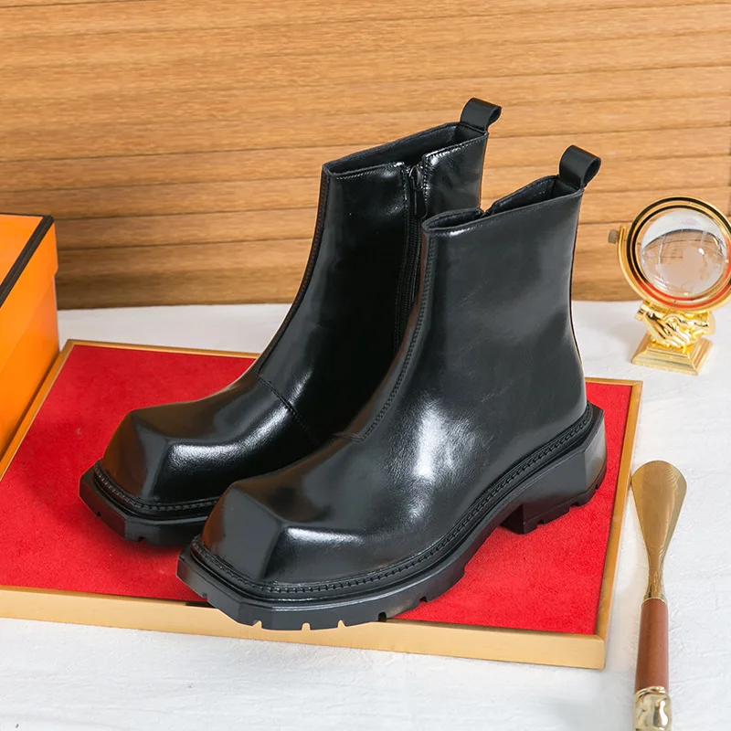 Men's leather square-toed fashionable leather boots, thick-soled height-increasing trendy ankle boots, comfortable