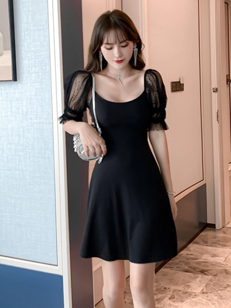 Summer Women Mini Dress Casual Simple Sexy Black Dot Mesh Stitching Low Cut Short Sleeve A-line Nightclub Street Vestidos Mujer