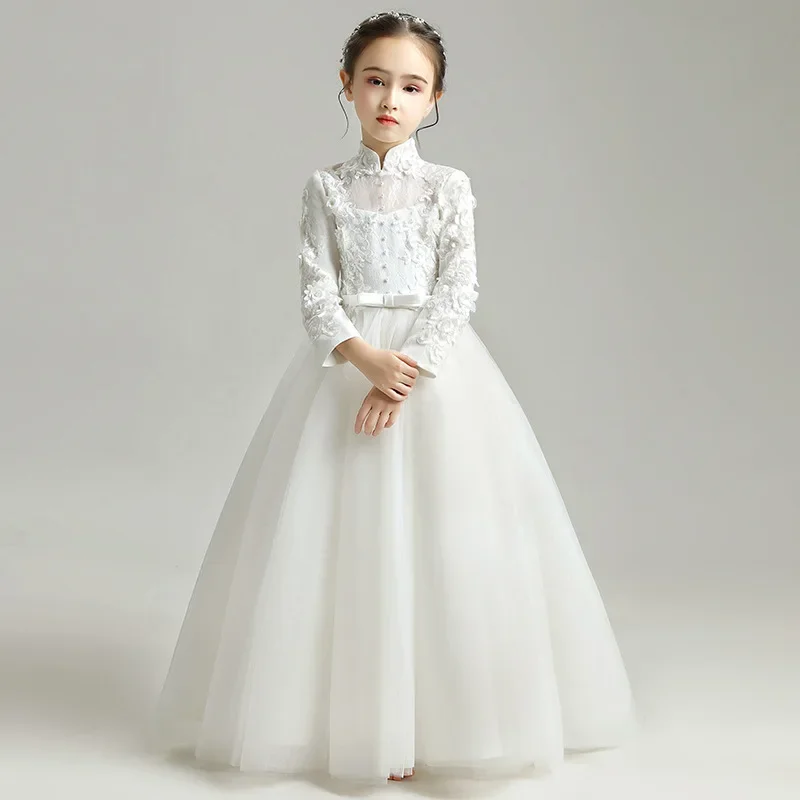 

Girls 3-12 Year Evening Pageant Tulle Frock Long Sleeves Cocktail Dress Child Luxury White Puffy Party Maxi Dresses for Elegant