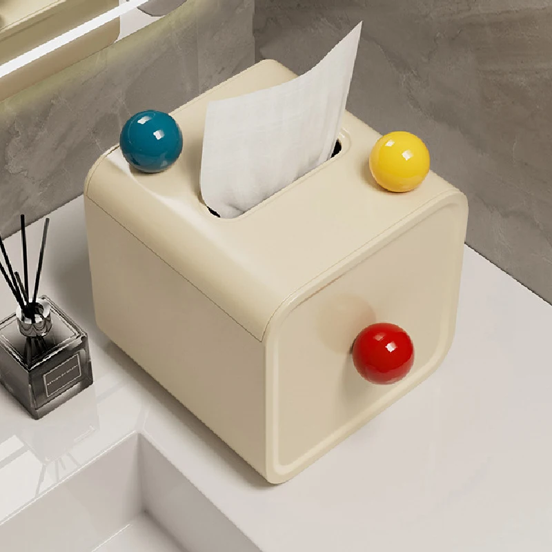 Cream Color Square Tissue Box Decoration Living Room Bathroom Napkin Box Plastic Color Ball with Lid Drawer Paper Roll Paper Box