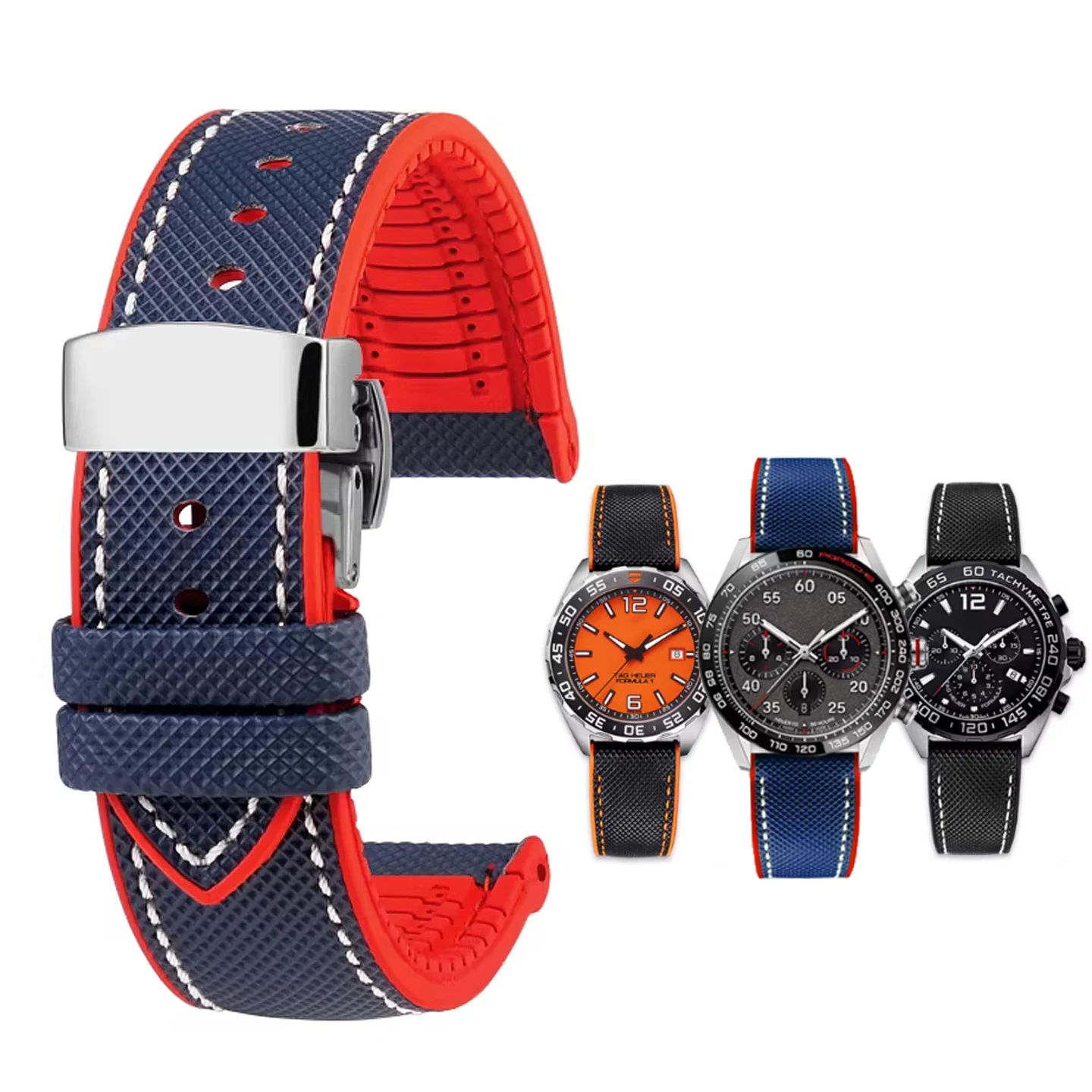 

Ремешок для часов из нейлона и фторкаучука 20 мм, 21 мм, 22 мм, 23 мм, 24 мм для TAG Heuer Formula 1, Gulf Racing, Diver, Carrera Series, Omega Seamaster