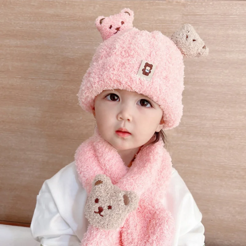 Winter Kids Hat Two-piece Warm Outdoor Wool Caps Scarf Set Plush Soft Cozy Hat Scarf for Boy Girl 6M-4Y Adorable Bear Beanie Cap