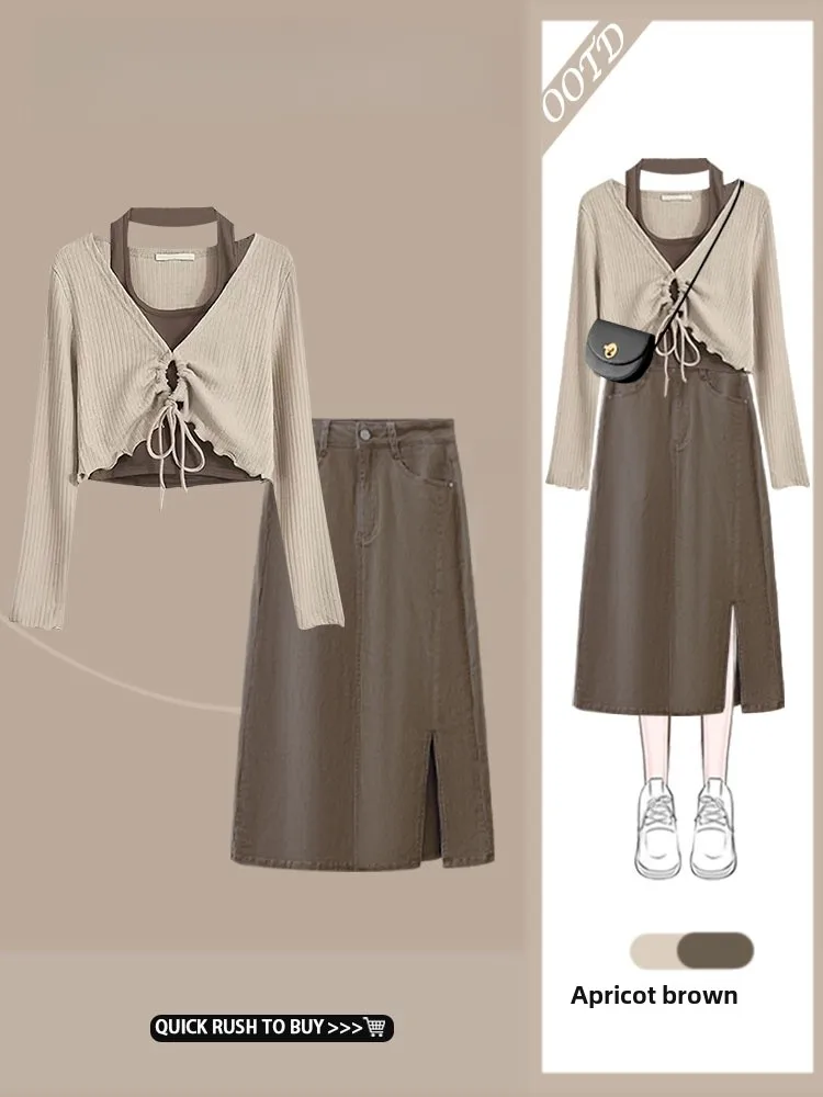 

Pure Desire Long Sve Knitted Top with Ne Hanging Denim Skirt Split Design Faionable Slimming Sle for Women