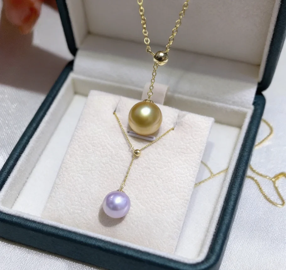 

Gorgeous AAAA 11-12mm Natural South Sea Golden Pearl+White Pearl Pendant Necklace 925S