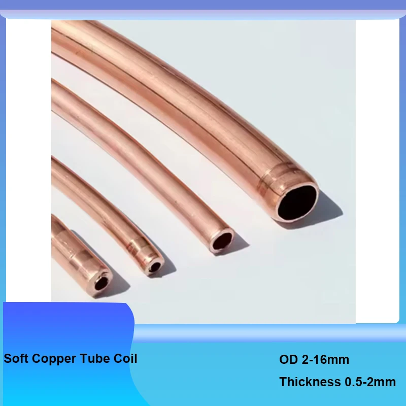 1Meter Soft Copper Tube Coil OD 2-16mm Thickness 0.5-2mm 99.9% T2 Pure Copper Pipe Air Conditioning Oil Water Cooling DIY Crafts