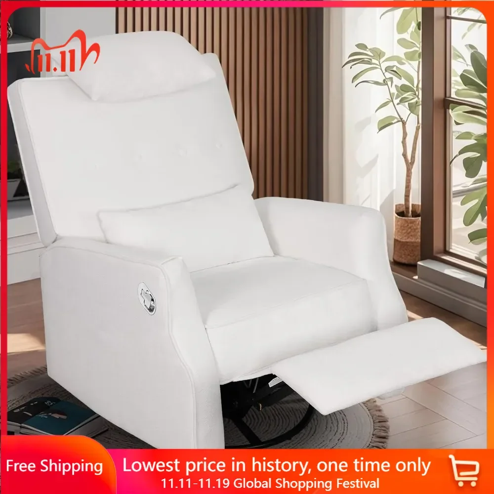 Swivel Rocker Recliner Chair, Glider Recliner Nursery Chair, Chenille Fabric Recliner Chair with Headrest and Pillow
