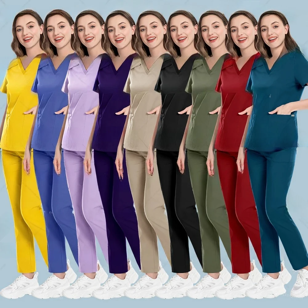 

Новые скрабы, униформа медсестры, топ с короткими рукавами и v-образным вырезом + прямые брюки, женские разноцветные скрабы для кормления, комплект для домашних животных, врачей, медицинская спецодежда