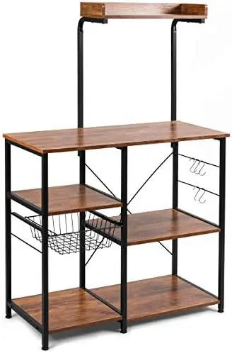 

Bakers Rack, 4-Tier Microwave Stand with , Kitchen Utility Shelves, Wire Basket with 5 Hooks, Spice Rack for Organizing Utensils