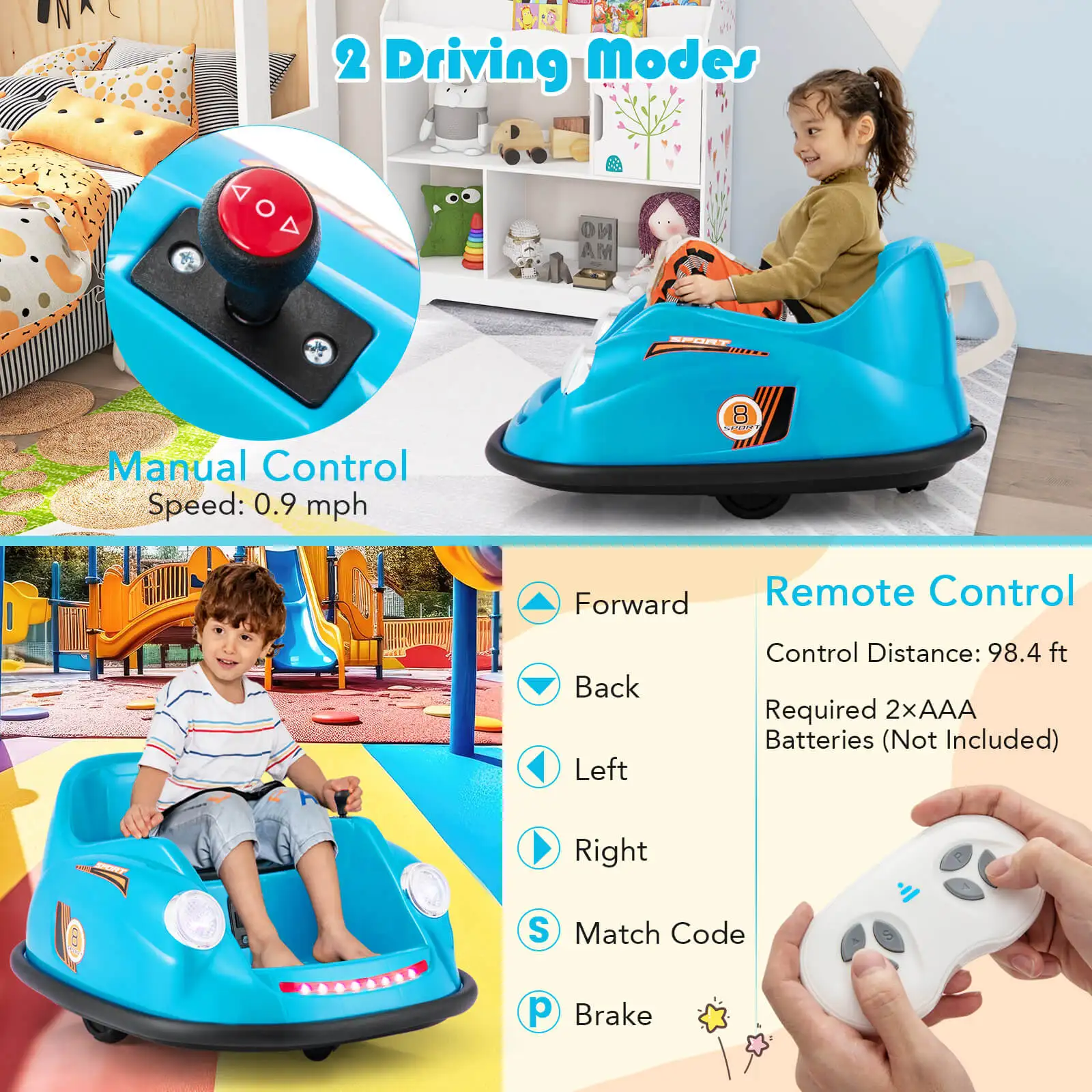 Voiture pare-chocs pour enfants avec télécommande, lumière LED rotative résistante à 360