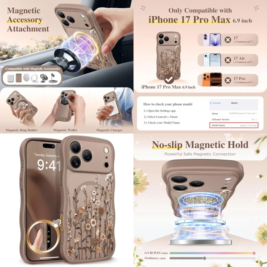 

Case Compatible with MagSafe [Curly Wave Edge][Full Camera tection] Floral Translucent Shockof Magnetic Women Phone Case, Flora