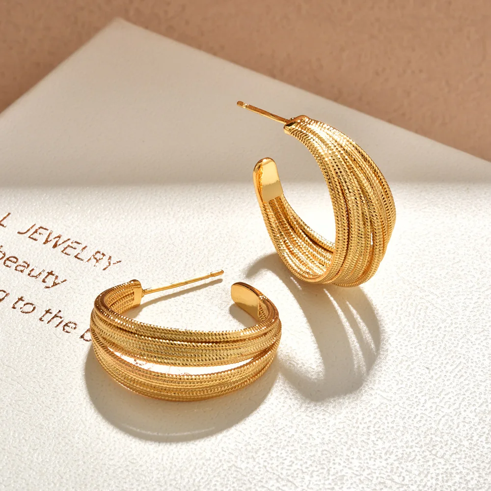 Temperament trendy C-shaped metal multi-layer woven twist pattern stud earrings niche design high-end earrings earrings