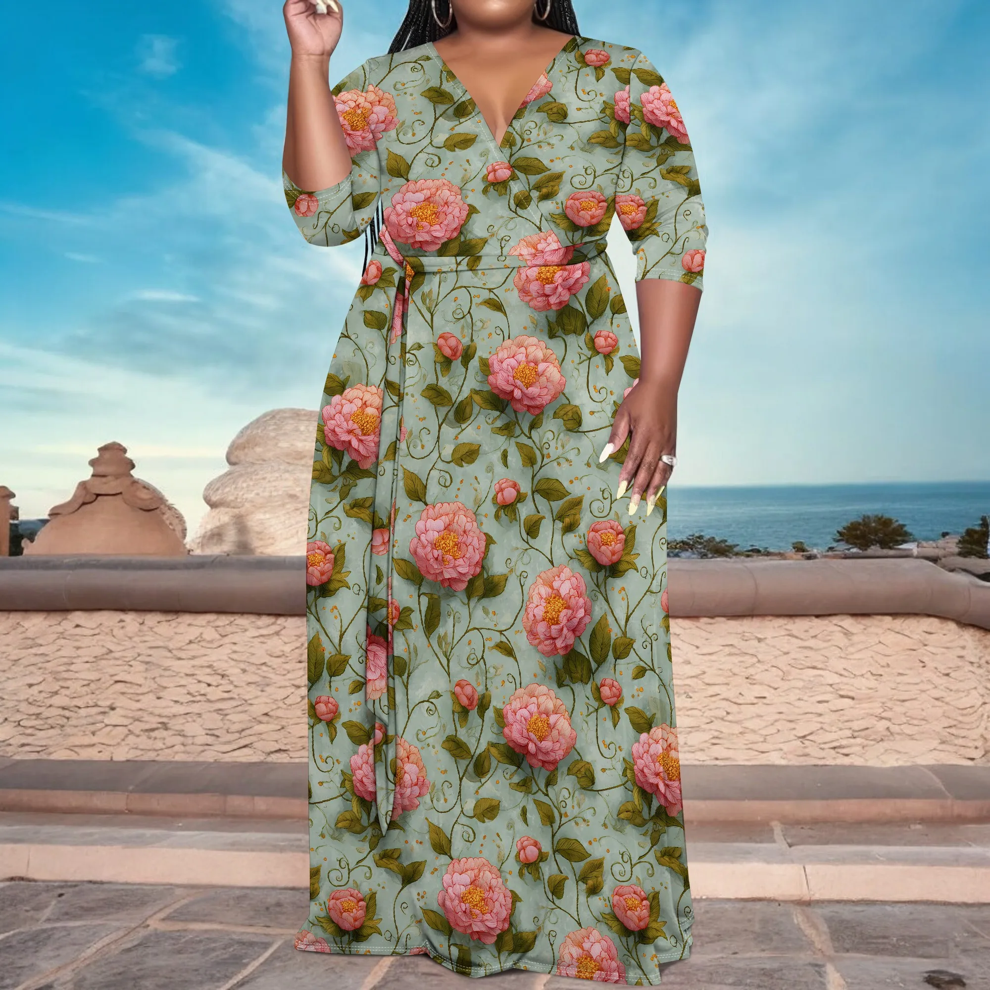 Vestido largo envolvente de talla grande Vestido floral de media manga elegante informal con estampado botánico verde
