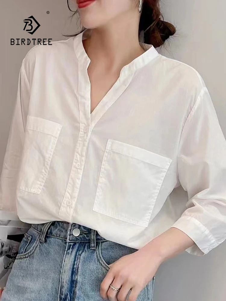 

New Spring Cotton Solid Shirt Women V Neck Long Sleeve Loose Pocket Top Girl Literature Simplicity Blouse 2024 Autumn T44507QC