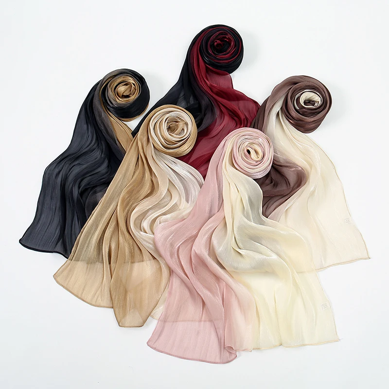 Luxury Satin Silk Hijab Scarf Chiffon Gradient Wrinkled Shawls Women Muslim Hijab Premium Yarn Scarf Islam Turban Ramadan