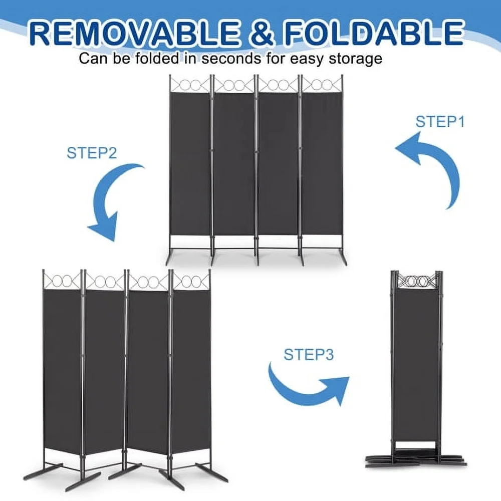 4-Fold Room Divider Screen Privacy Partition 5.74FT Carbon Steel Frame 160g Polyester Cloth Portable Adjustable Design