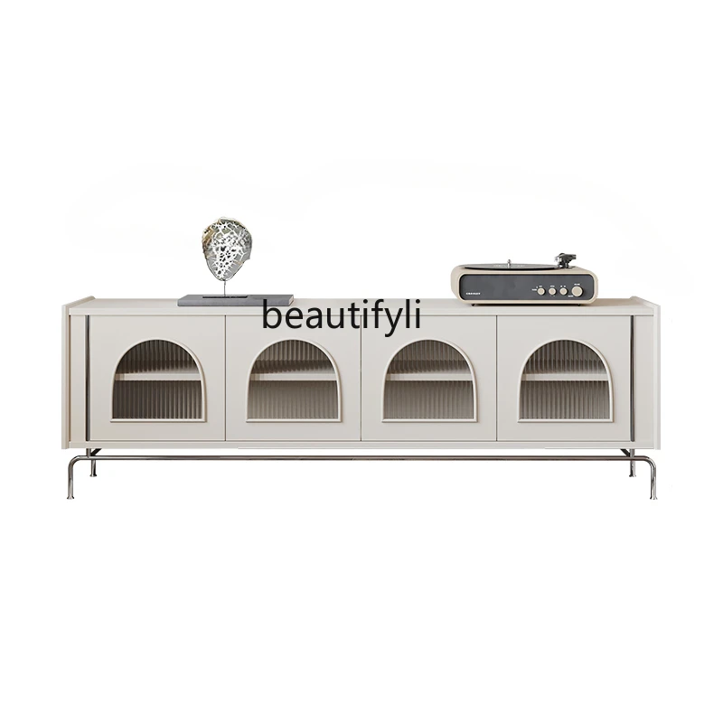 

French Retro TV Cabinet Solid Wood Cream Silent Style Changhong Glass Light Luxury Mid-Ancient Arch Floor Cabinet Cherrywood