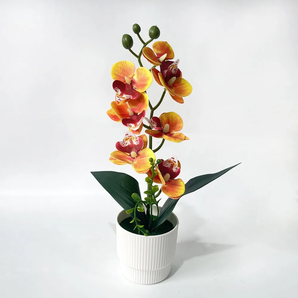 7 Heads Artificial Orchid Potted Flower with White Pot Multi-Bloom Simulated Flower Butterfly Orchid Potted Pink Plastic