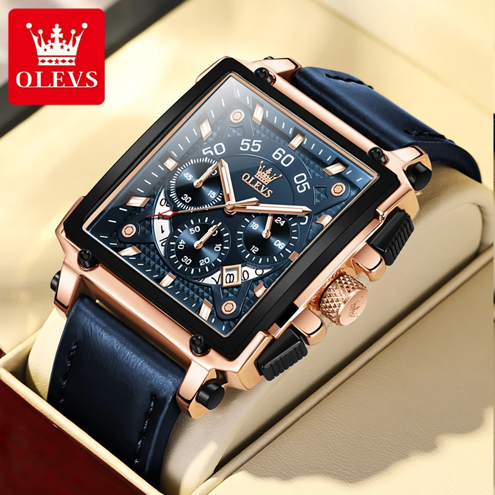 

OLEVS Fashion Chronograph Quartz Watch for Men Sport Leather Strap Date Square Mens Watches Top Brand Luxury Relogio Masculino