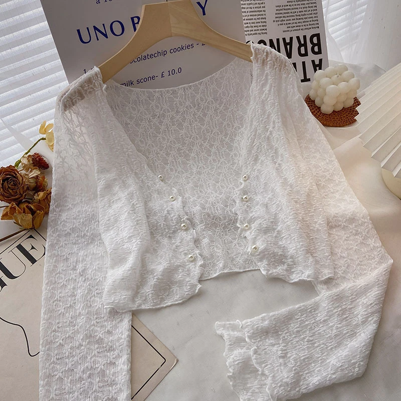 French Style Summer Lace Shirt Sunscreen Cardigan Loose Short Hollow Out Blouse Women's Low Collar All-Matched Full Sleeve Shawl