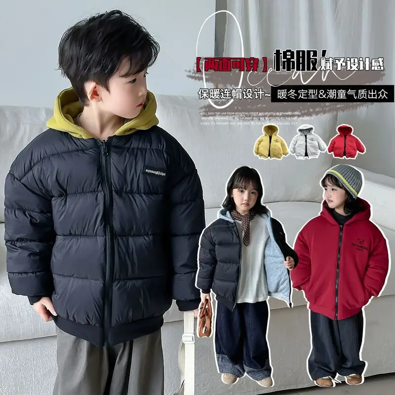 

Boy Girl Reversible Coats Boys Girls Winter Warm Down Jackets Children's Thickened Outerwear Teenager Cotton Hooded Parkas 3-14Y