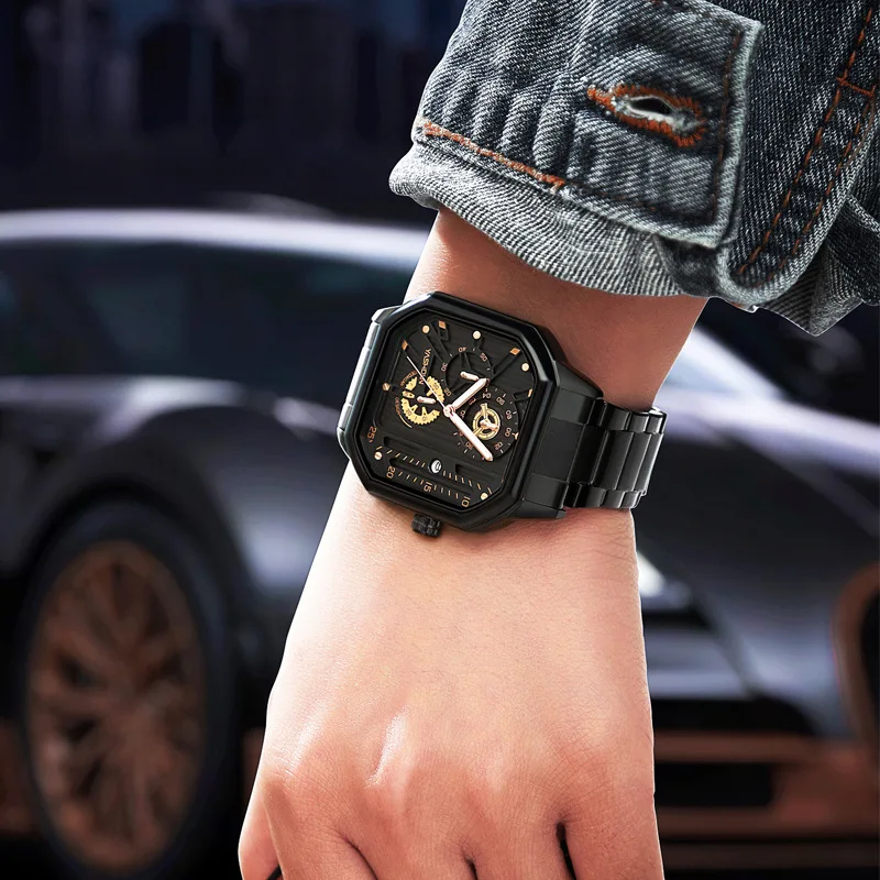 Nuovo orologio da uomo quadrato con calendario a luce notturna, orologio al quarzo impermeabile