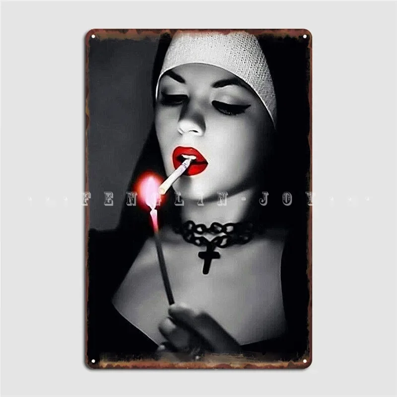 Black And White Sexy Nun Smoking Cigarette Metal Sign Wall Decor Kitchen Club Party Custom Tin Sign Poster