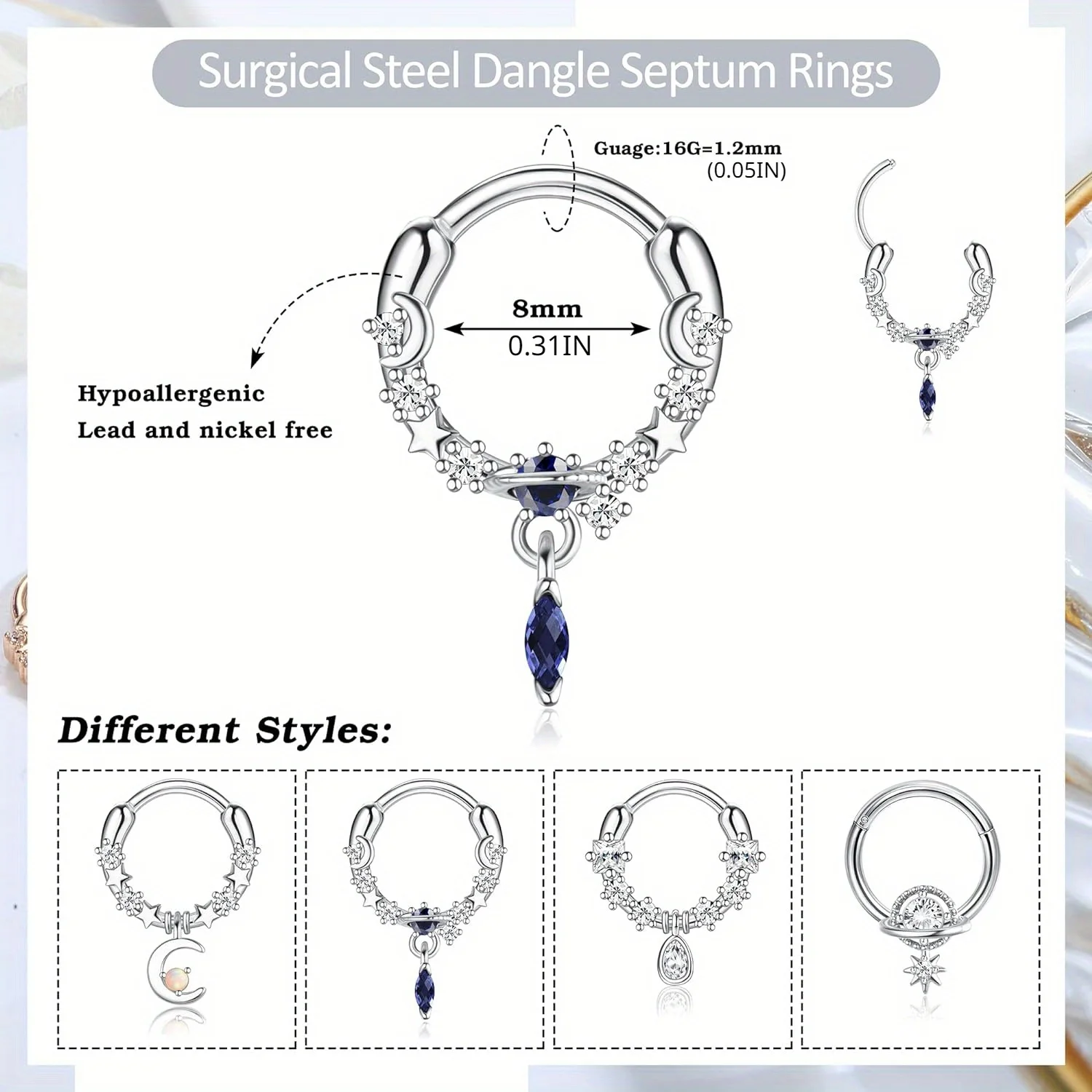 DOLOTTA 1Pcs 16G Surgical Steel Septum Rings for Women Dangle Blue Planet Moon Star CZ Daith Helix Nose Ring Piercing Jewelry