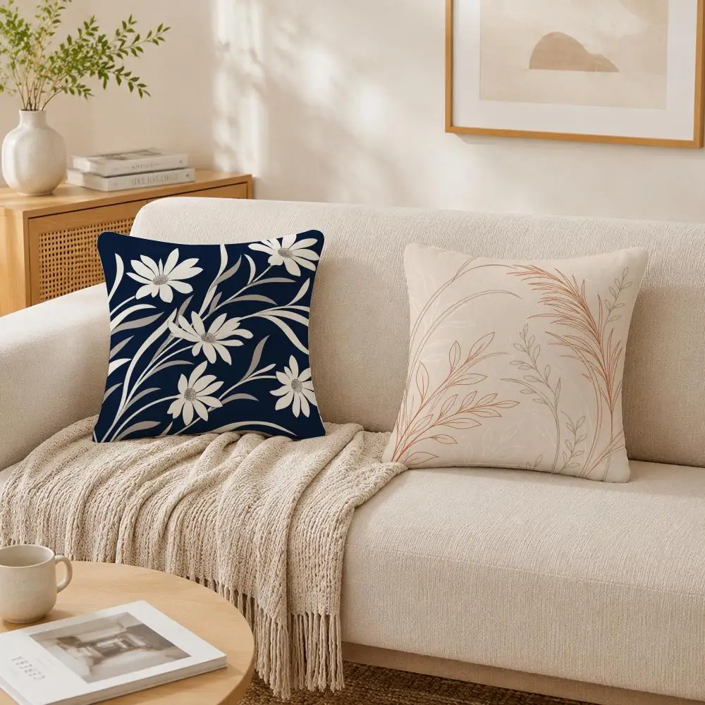 Minimal Line Floral Silhouette Pillow Case Double-Sided Plush Sofa Cushion Covers Organic Breathable Invisible Zipper