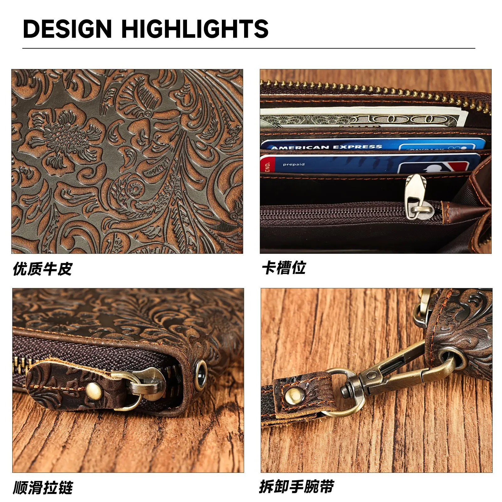 Crazy Horse Leather long leather zipper wallet with multiple compartments, retro mobile phone storage, hand-held wallet