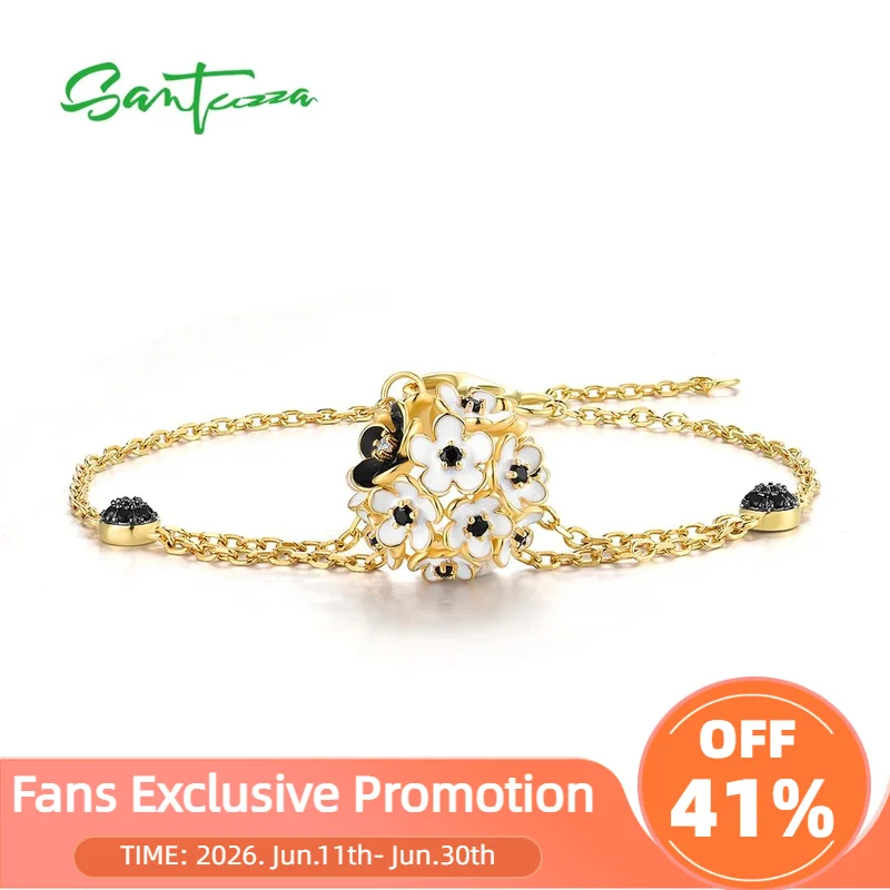 

SANTUZZA Pure 925 Sterling Silver Bracelet For Women White Black Flower Ball Enamel Adjustable Chic Gifts Fine Jewelry Set
