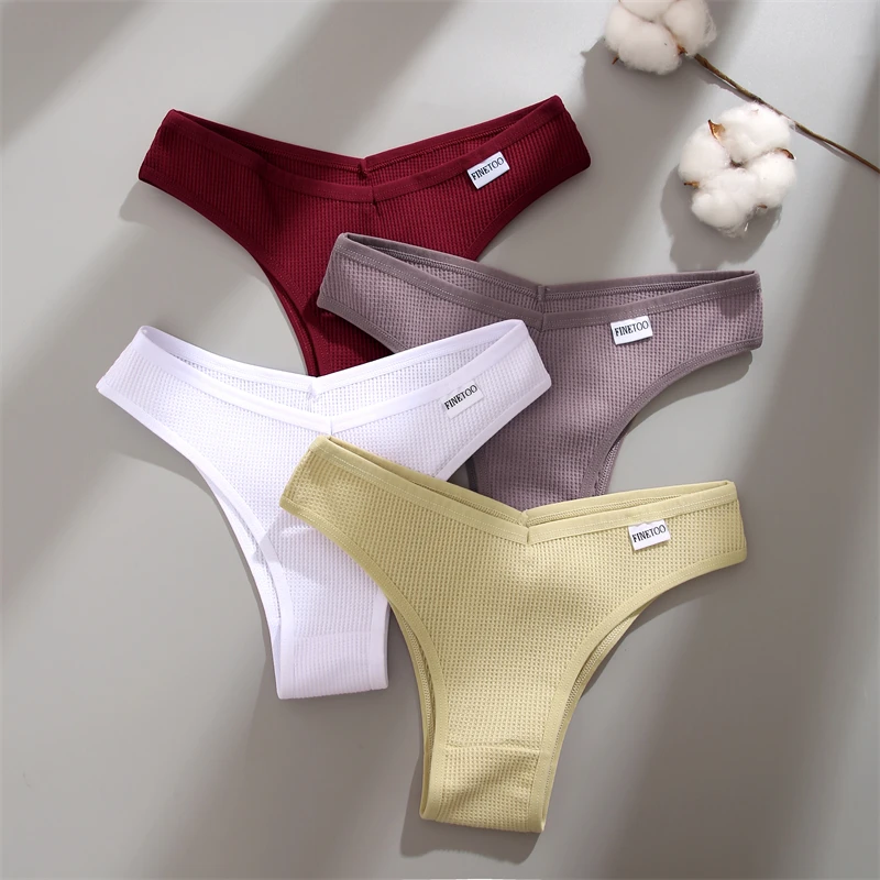 FINETOO 4-teiliges Set Baumwoll-Waffel-Unterhosen im Brasilianischen Stil, Sexy Tiefsitzende Komfortable Unterwäsche, Einfarbige Dehnbare Slips Lingerie – Detail 13