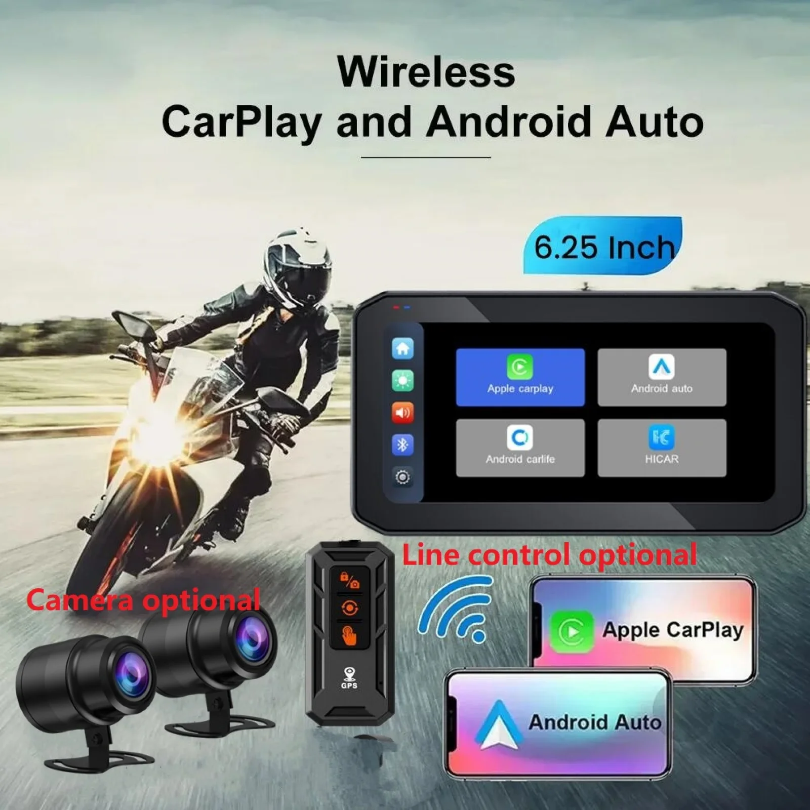 6,25-calowy motocykl CarPlay 1200nit Motocyklowy ekran nawigacyjny IP65 Wodoodporny Podwójny Bluetooth Bezprzewodowy CarPlay Android Auto