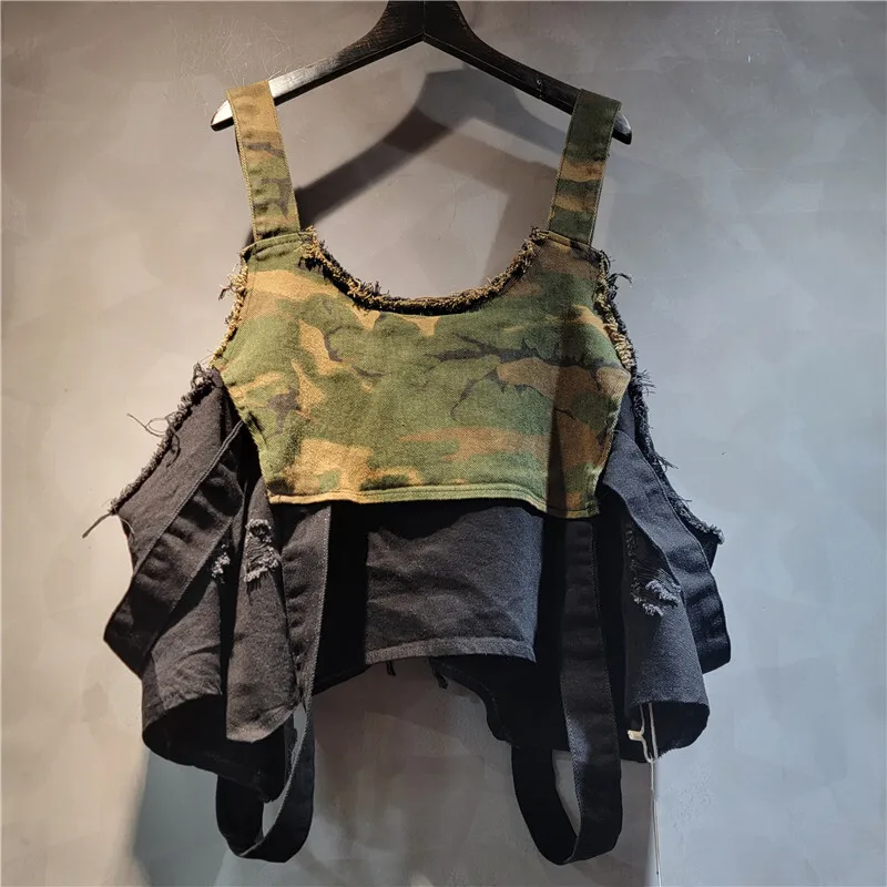WHT Nova Moda Feminina Patchwork Camuflagem Denim Sling Tops Cintura Alta Zíper Design A-line Saias Feminino 2025 Verão 1LS1665