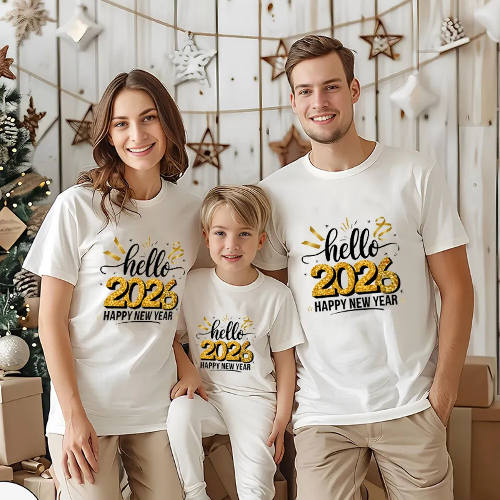 

Hello 2026 Happy New Year Family Matching Shirts Dad Mom Kids Shirt Baby Jumpsuit New Year Celebration Family Shirts Clothes