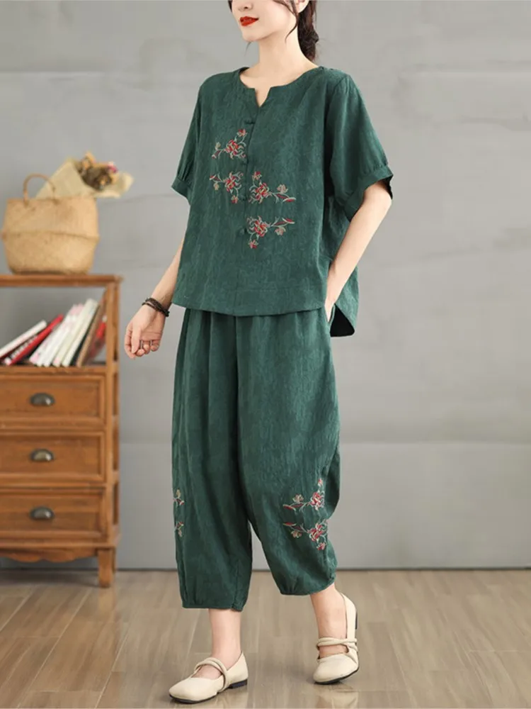 Oversized Chinese Style Summer Floral Print Embroidery 2 Two Piece Set Women Short Sleeve Modis Ladies Blouses Loose Woman Pants