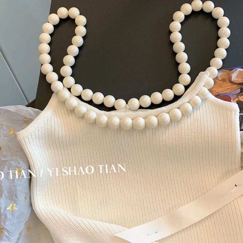 White Pearl Neck Strap Tank Top for Women's 2024 Summer New Slim Fit Sexy Knitted Top  crop top