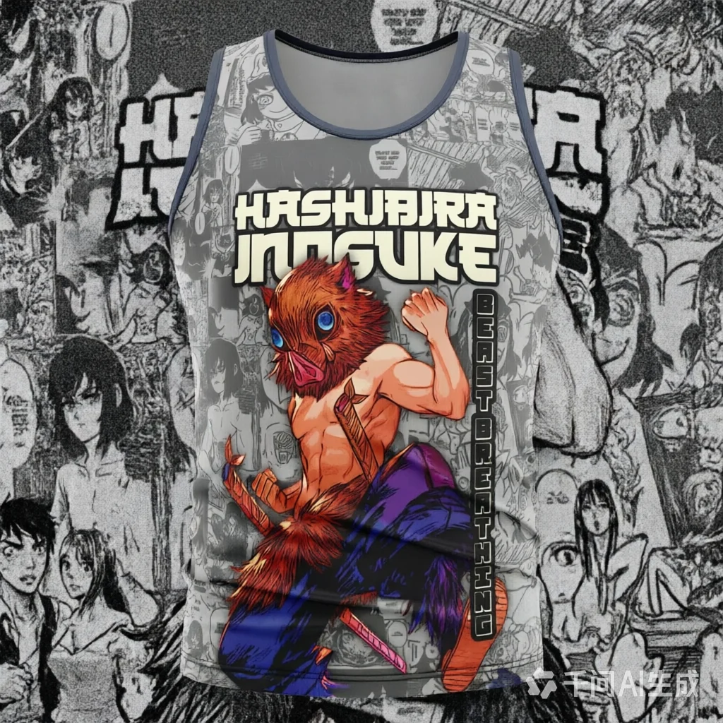 Demon Slayer Hashibira Inosuke Manga Background Print Men Grey Blue Trim Sleeveless Casual Gym Streetwear Workout Tank Top