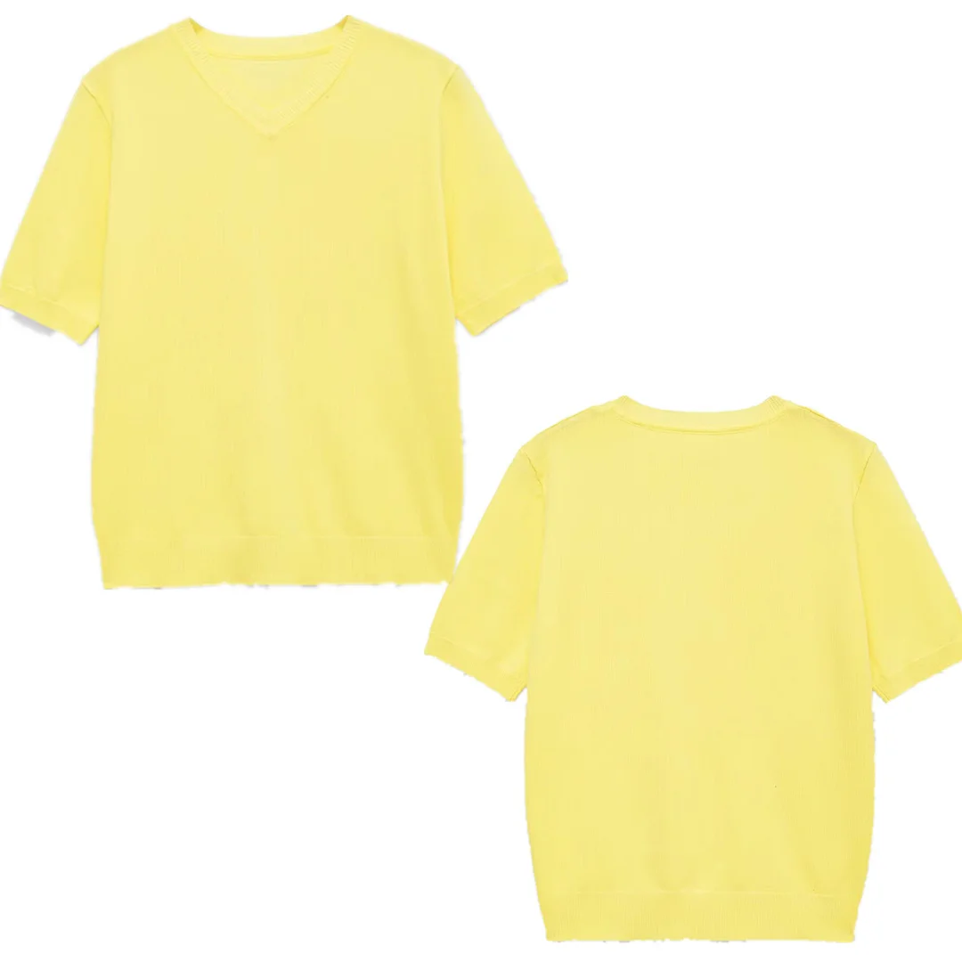 

Jenny&Dave Summer T-shirt Woman Minimalist Yellow COlor Round Neck Clothes Female Clothing Tops Short Sleeve Knitted Tshirts