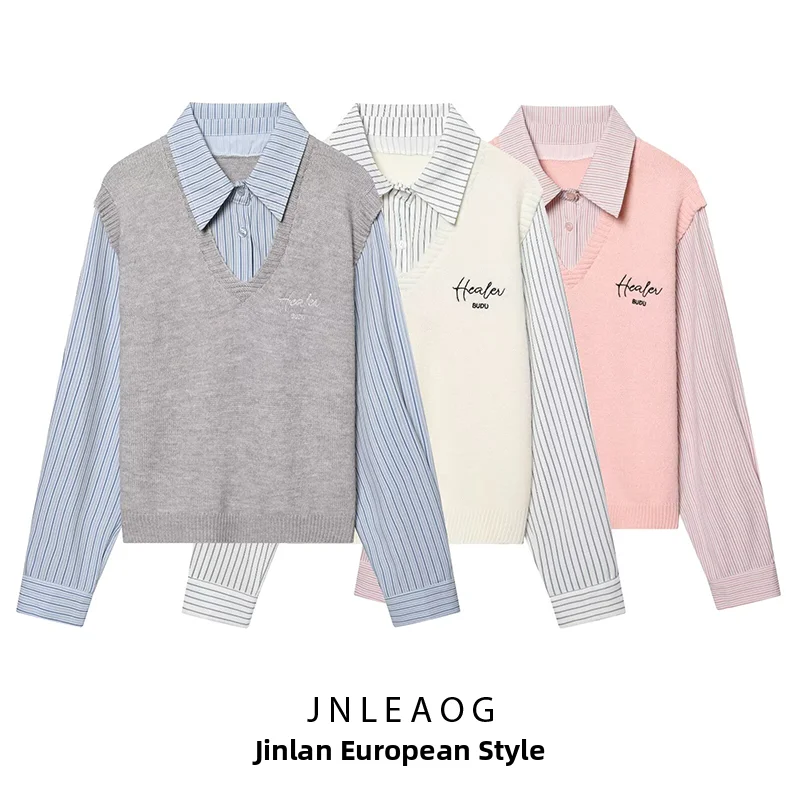 

JNLEAOG Summer New Women's Fashion Embroidered Letter Fake Two-Piece Top Breathable Polyester Long Sleeve Casual Shirt