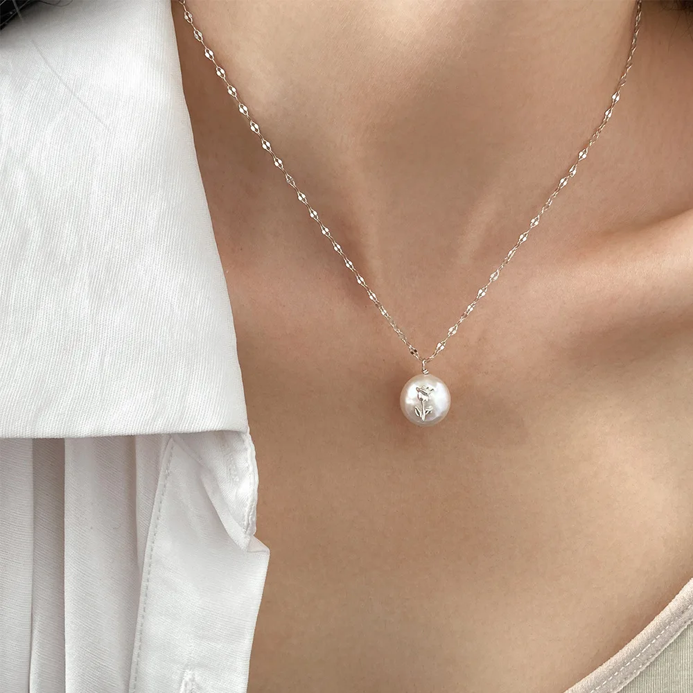 

S925 Sterling Silver Natural Baroque Pearl Necklace, Fresh Sweet INS Style Niche Design Vintage Rose Pendant, Trendy Jewelry
