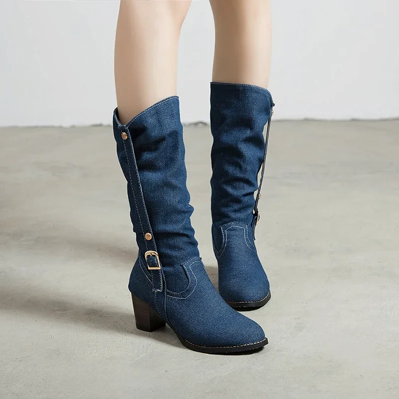 2025 Sexy Jean Boots Women\'s Long Tube Short Boot Winter High Heel Denim Boot Lady Stylish Jeans Boots Buckle Strap Shoes Cowboy