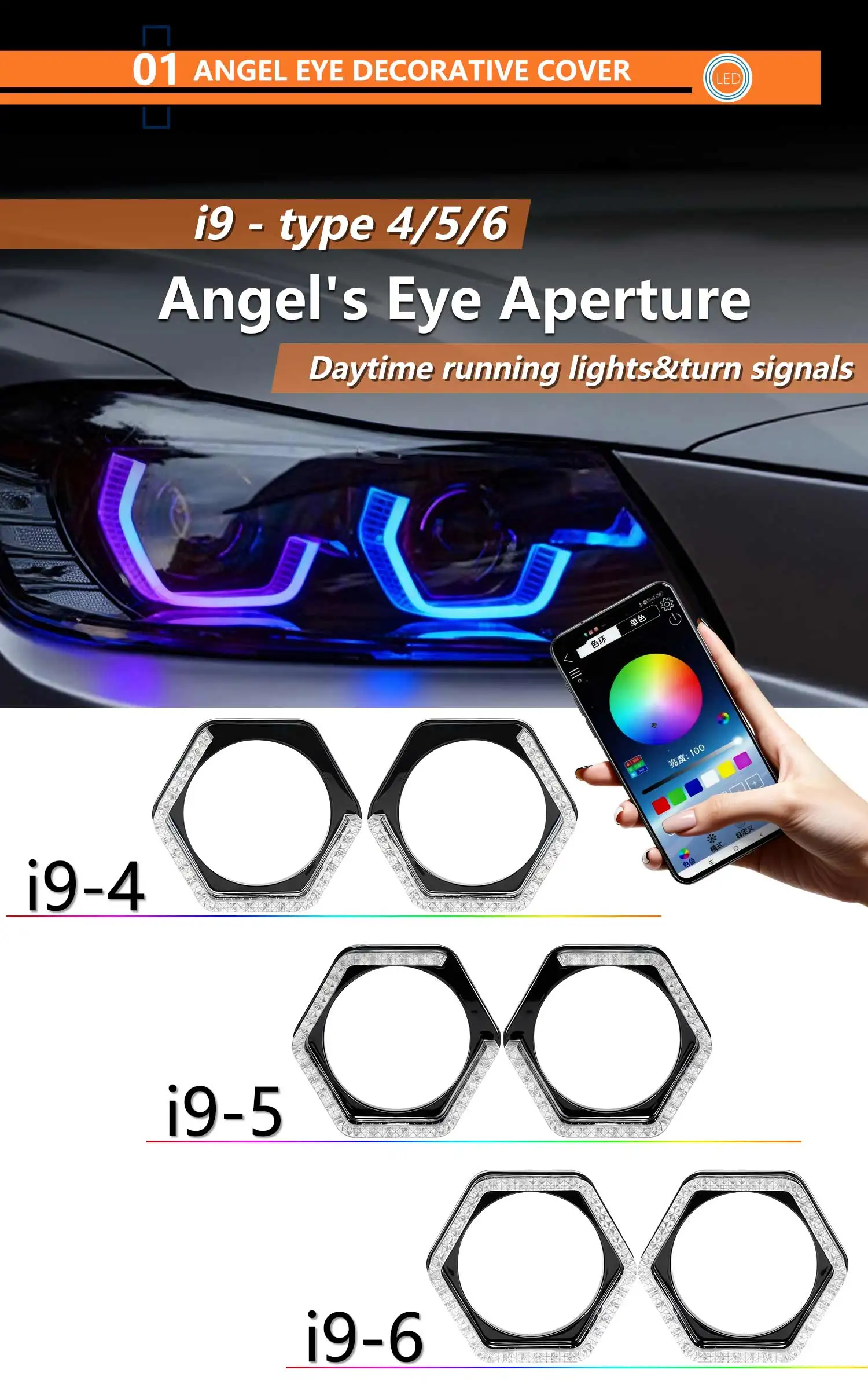 2.5/3 Inch 5D For Car Headlight RGB LED Angel Eyes Halo Rings DRL Covers Turn Signal Light App Control Halo Covers Multi-Color
